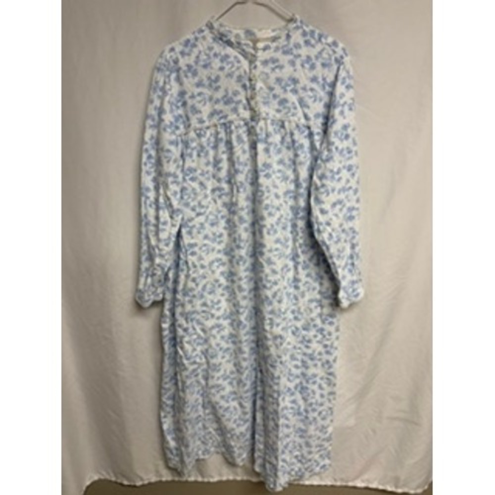 LL Bean Womens Blue White Toile Cotton Nightgown Long Sleeve Large Cottagecore